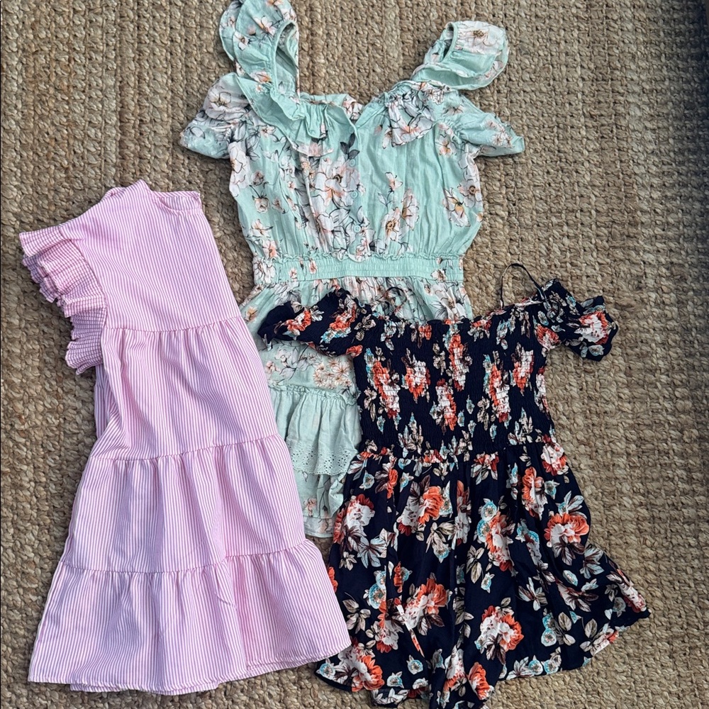 Floral Mint Green Ruffle dress, floral romber pink striped dress shirt  Bundle